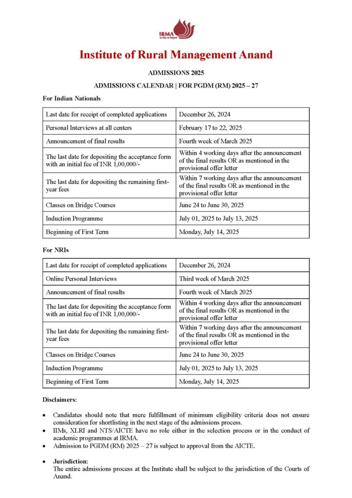 Institute of Rural Management, Anand (IRMA) - Admission Process 2024-2026