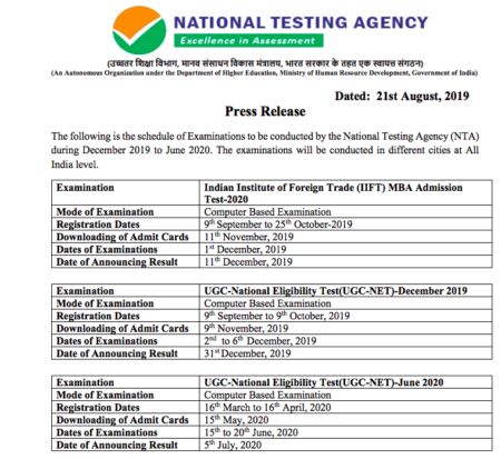 UGC NET 2019 Exam Schedule