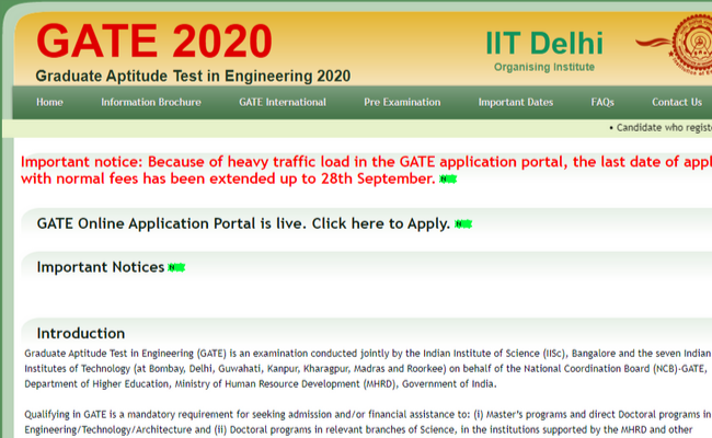 GATE 2020 Registration Date Extended