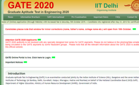 GATE 2020 Application Correction Window 