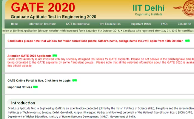GATE 2020 Application Correction Window