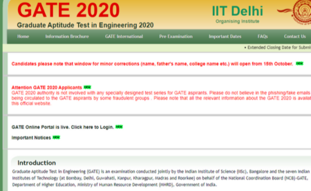 GATE 2020 Application Correction Window 