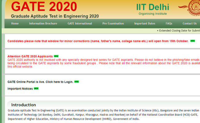 GATE 2020 Application Correction Window