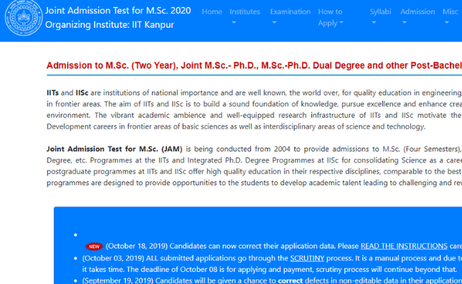 IIT JAM 2020 Correction Window