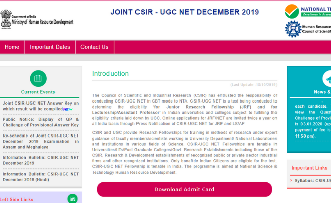 CSIR NET 2019 Final Answer Key Released on nta.ac.in; Direct Link to ...