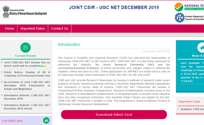 CSIR UGC NET December 2019 Exam Final Answer Key