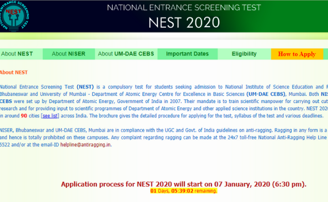 NEST 2020 Application process