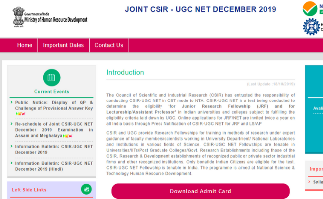 NTA CSIR-UGC NET answer key 2019